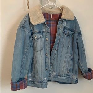 Free People Shearling Collared Jean Jacket